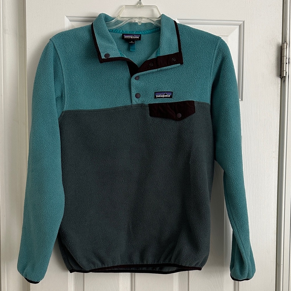 Patagonia Teal and Charcoal Snap-Front Synchilla Fleece Pullover